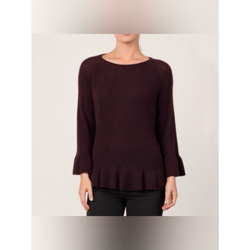 Margaret O'Leary Burgundy Cashmere Boat Neck Ruffle Elegant Sweater Size Medium